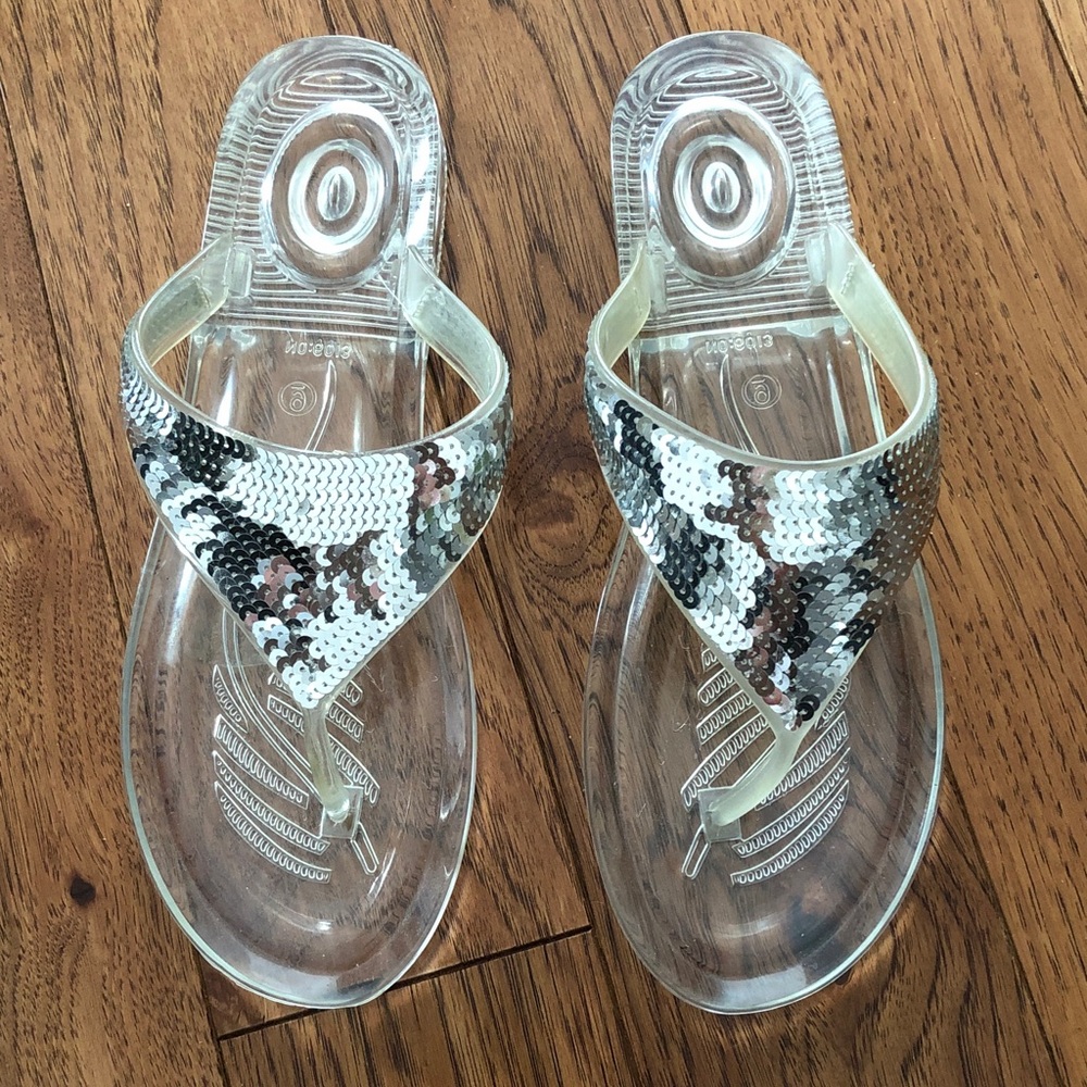 Silver Sequin Clear Flip Flops